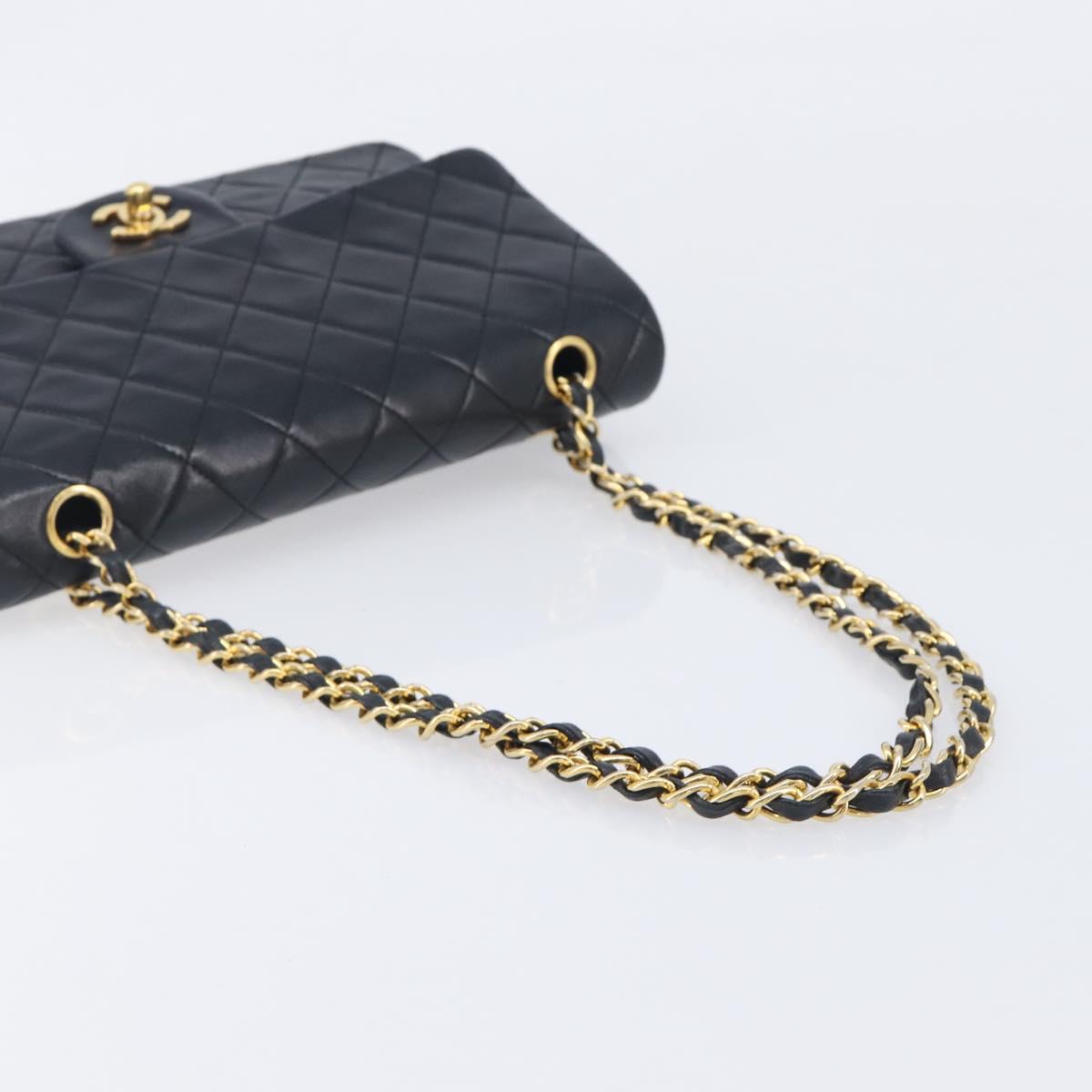 CHANEL Matelasse25 Chain Shoulder Bag Lamb Skin Black Gold CC Auth 210139SAM