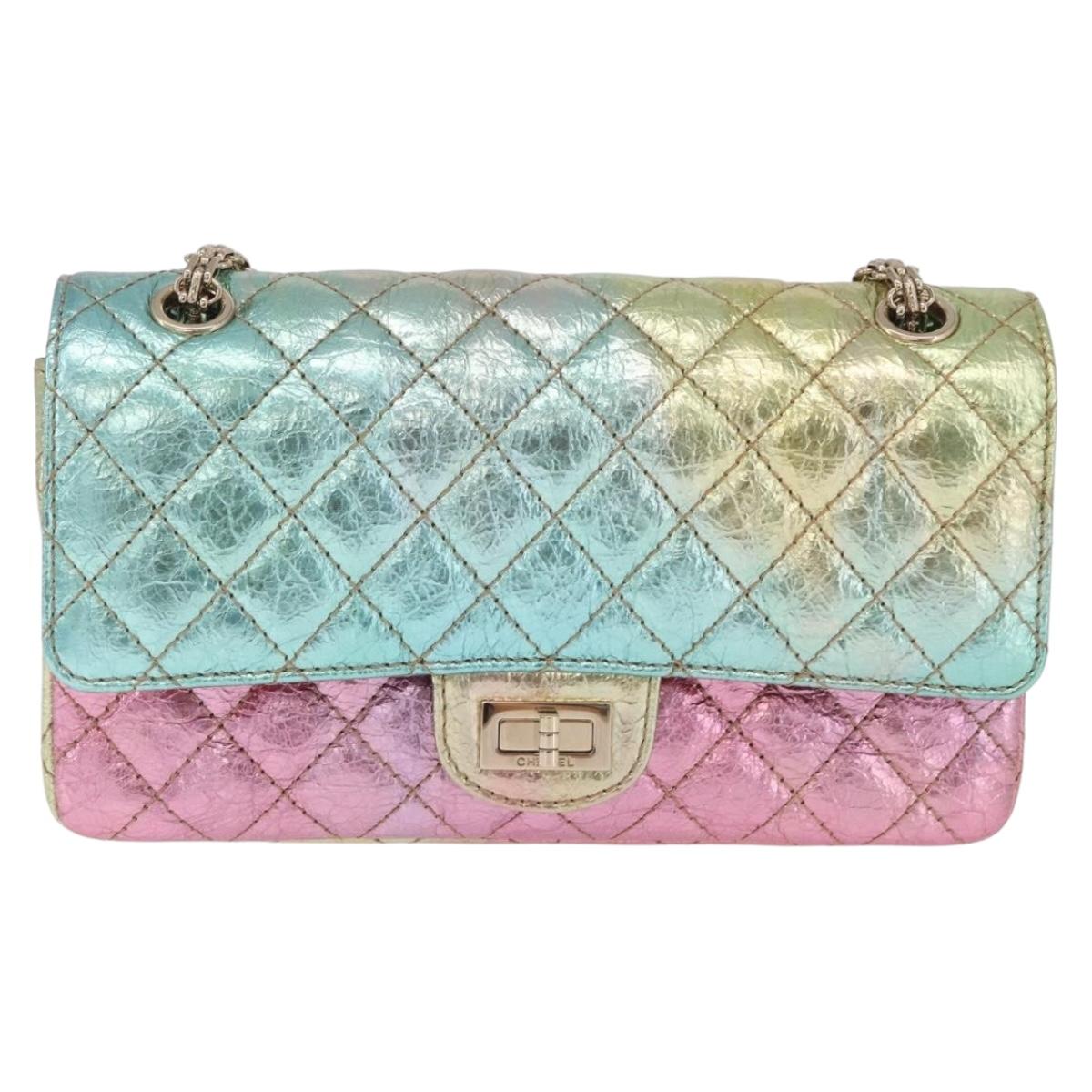 CHANEL 2.55 Matelasse Chain Bag Leather Multicolor Gold CC Auth 210143SM