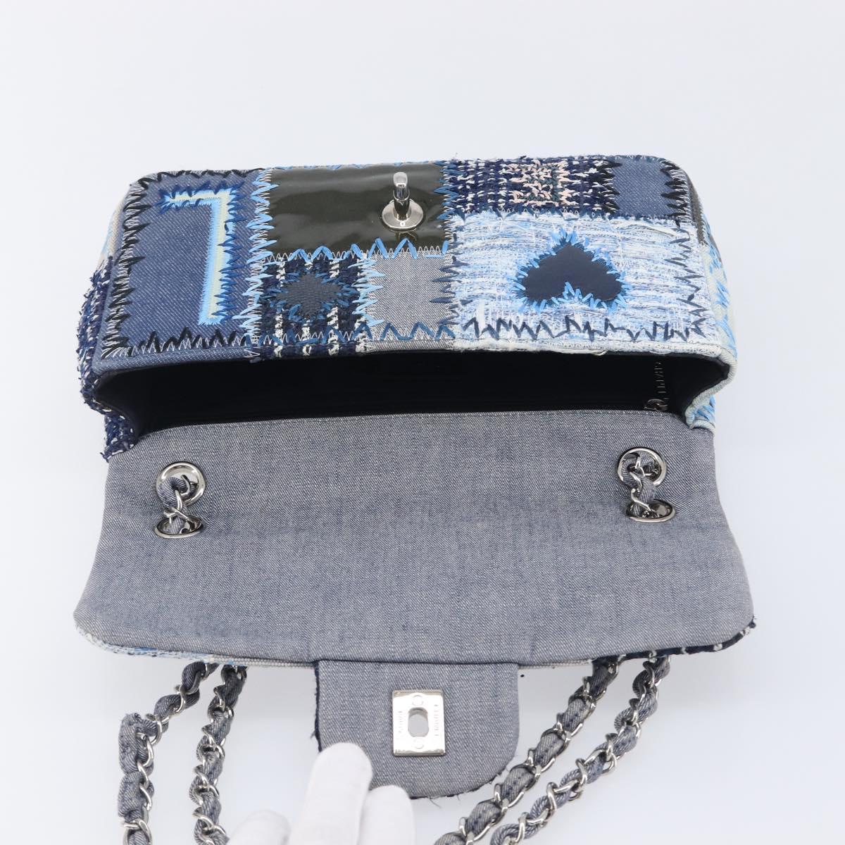 CHANEL Chain Patchwork Shoulder Bag Denim Blue Silver CC Auth 210149SM