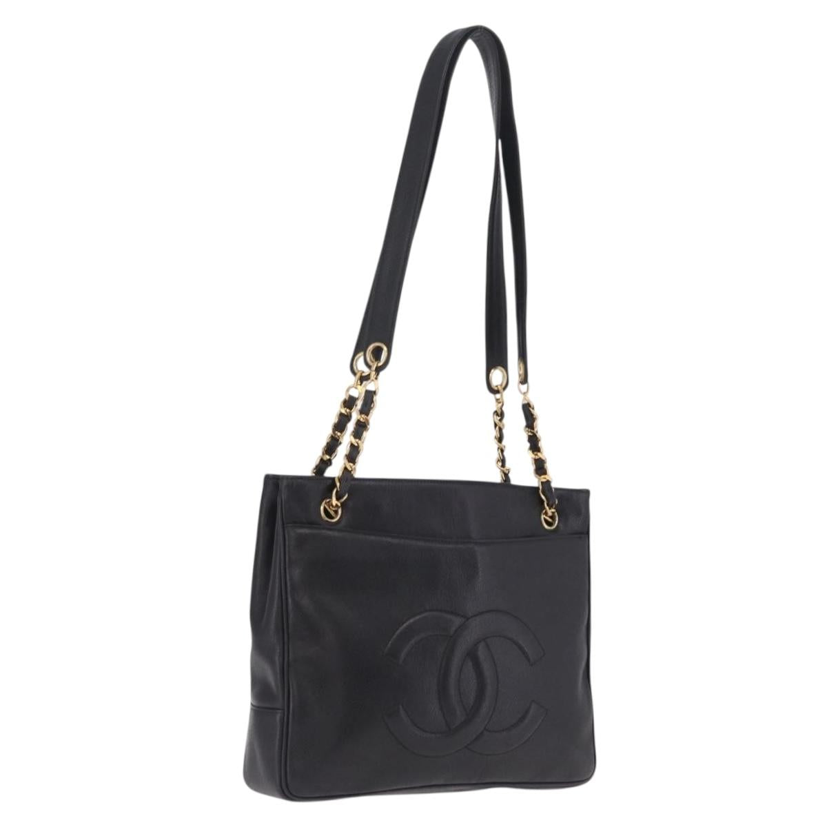 CHANEL Chain Shoulder Tote Bag Caviar Skin Black Gold CC Auth 210150V
