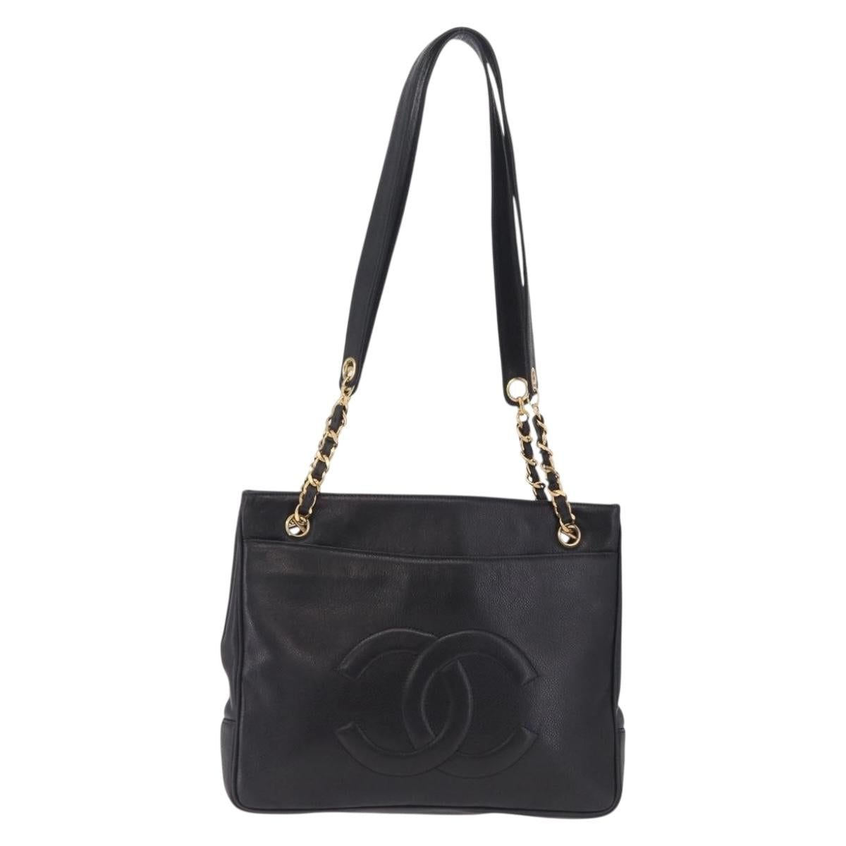 CHANEL Chain Shoulder Tote Bag Caviar Skin Black Gold CC Auth 210150V
