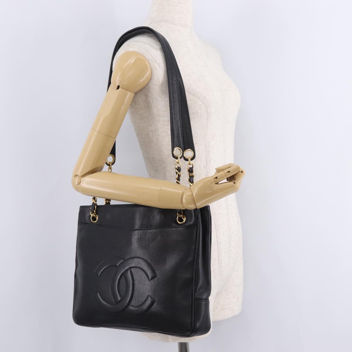 CHANEL Chain Shoulder Tote Bag Caviar Skin Black Gold CC Auth 210150V