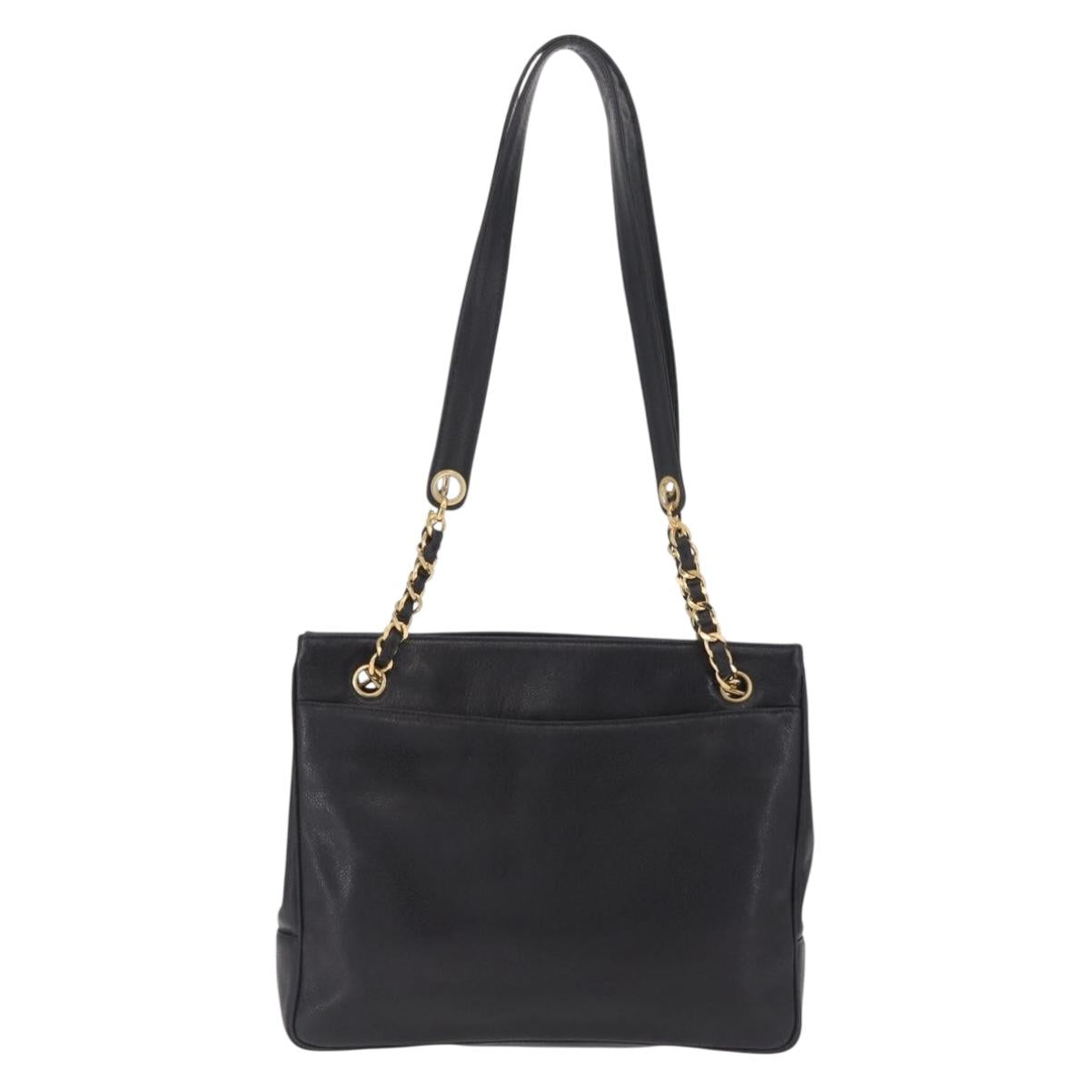 CHANEL Chain Shoulder Tote Bag Caviar Skin Black Gold CC Auth 210150V