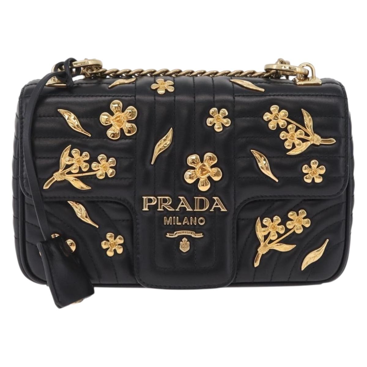 PRADA Chain Shoulder Bag Leather Black Gold Auth 210161SM
