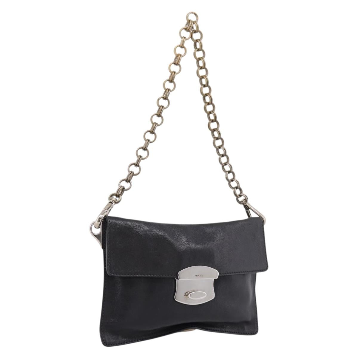 PRADA Chain Shoulder Bag Leather Black Silver Auth 210166A
