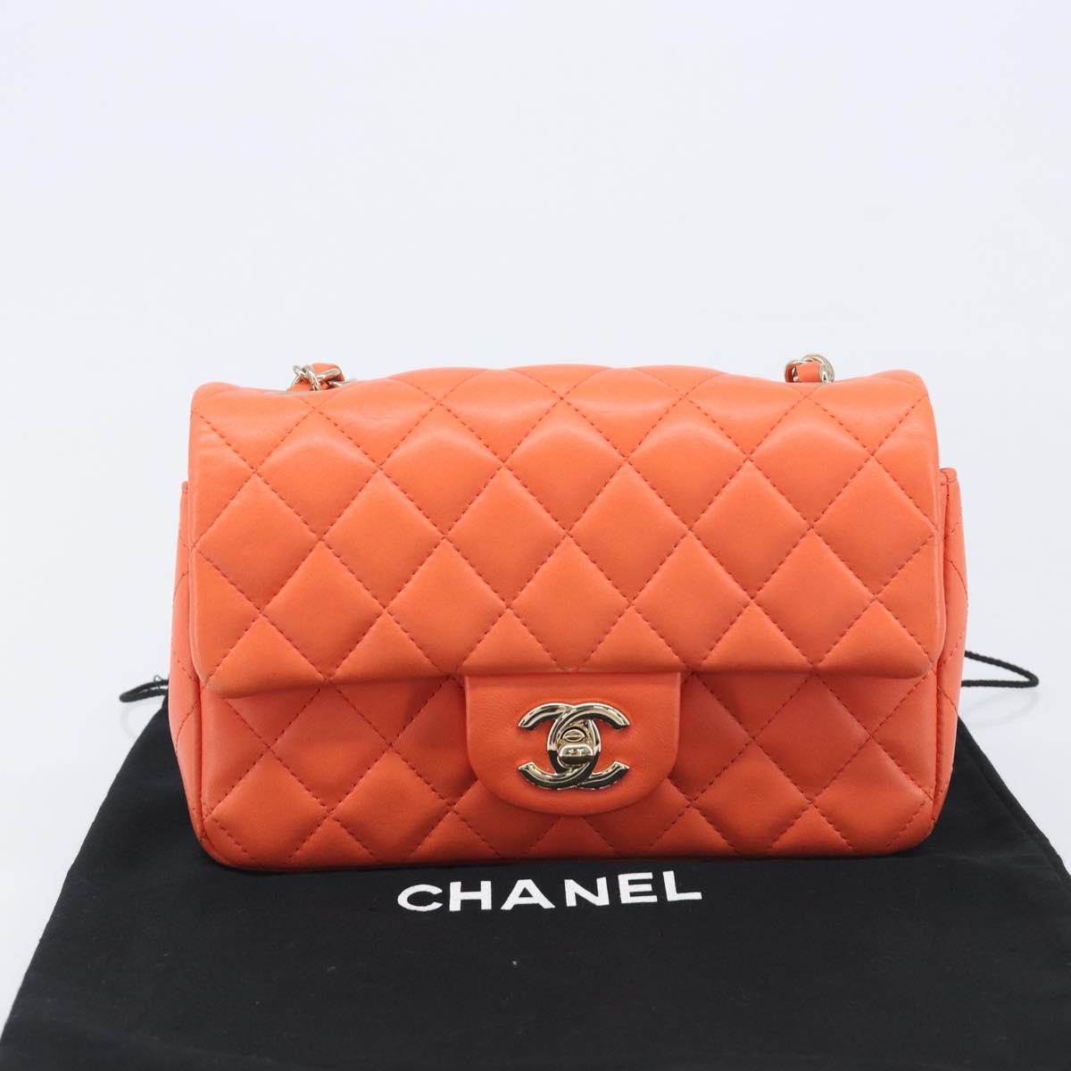 CHANEL Mini Matelasse 20 Chain Bag Lamb Skin Orange Gold CC Auth 210167SAM