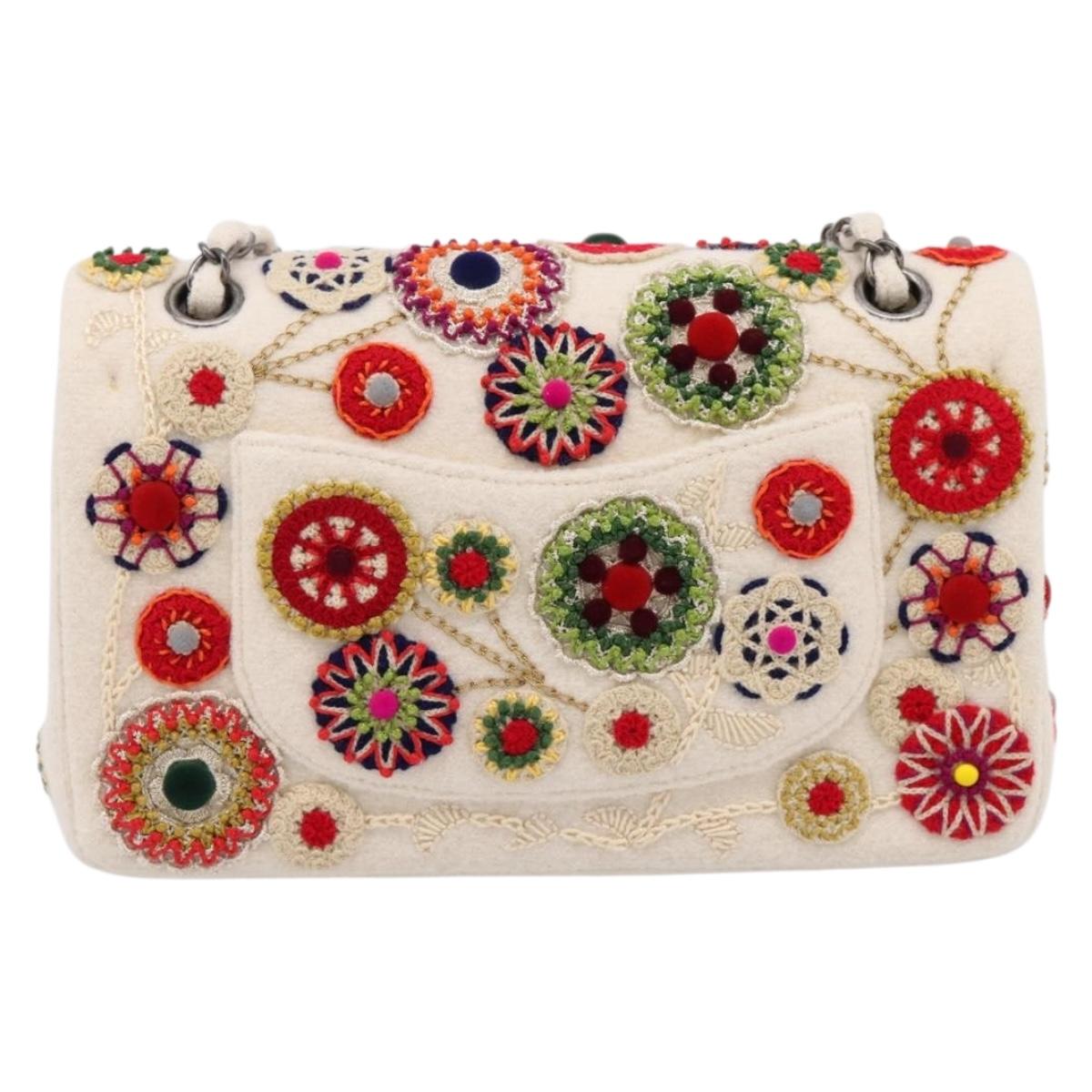CHANEL Chain Shoulder Bag Canvas White Silver CC Auth 210168SM