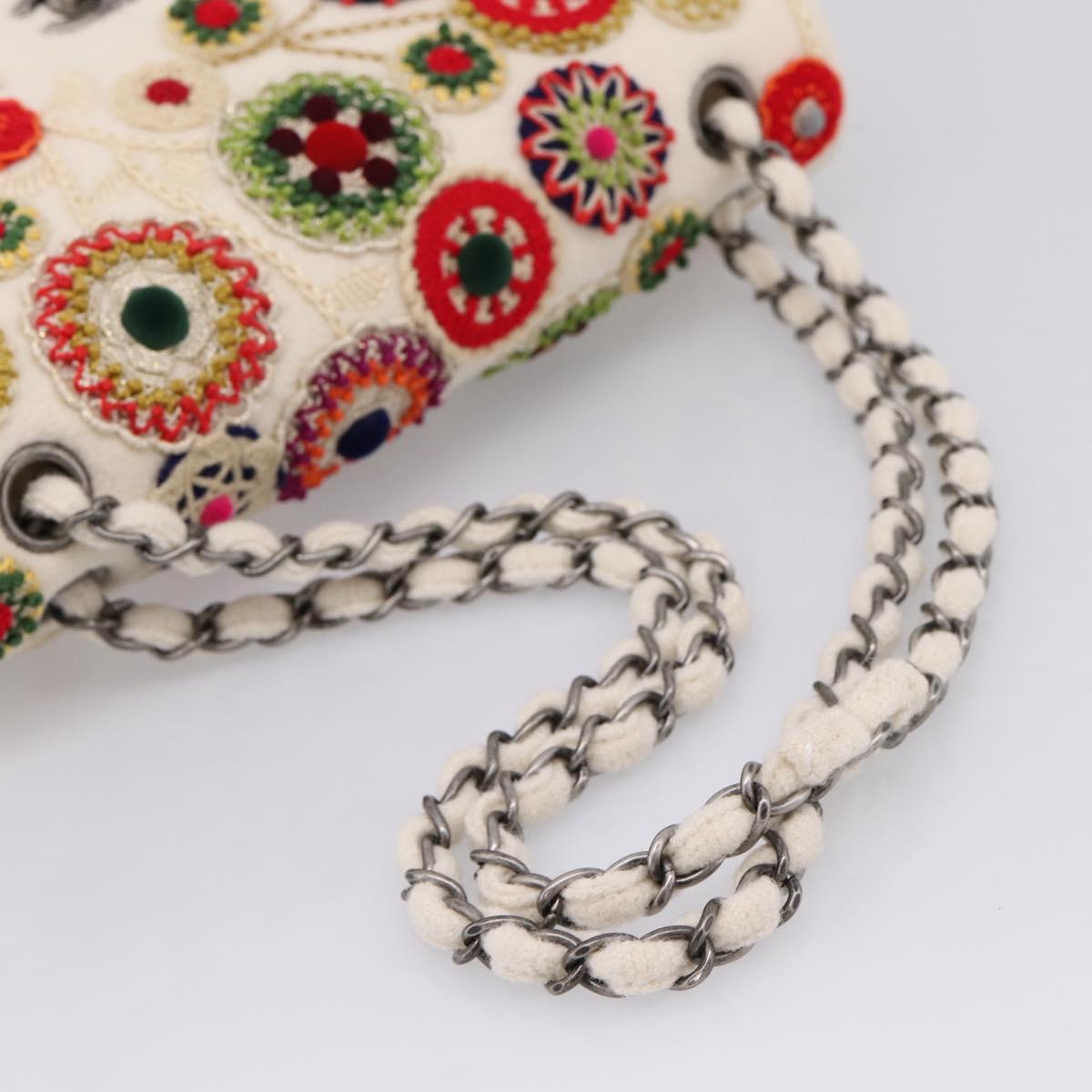 CHANEL Chain Shoulder Bag Canvas White Silver CC Auth 210168SM
