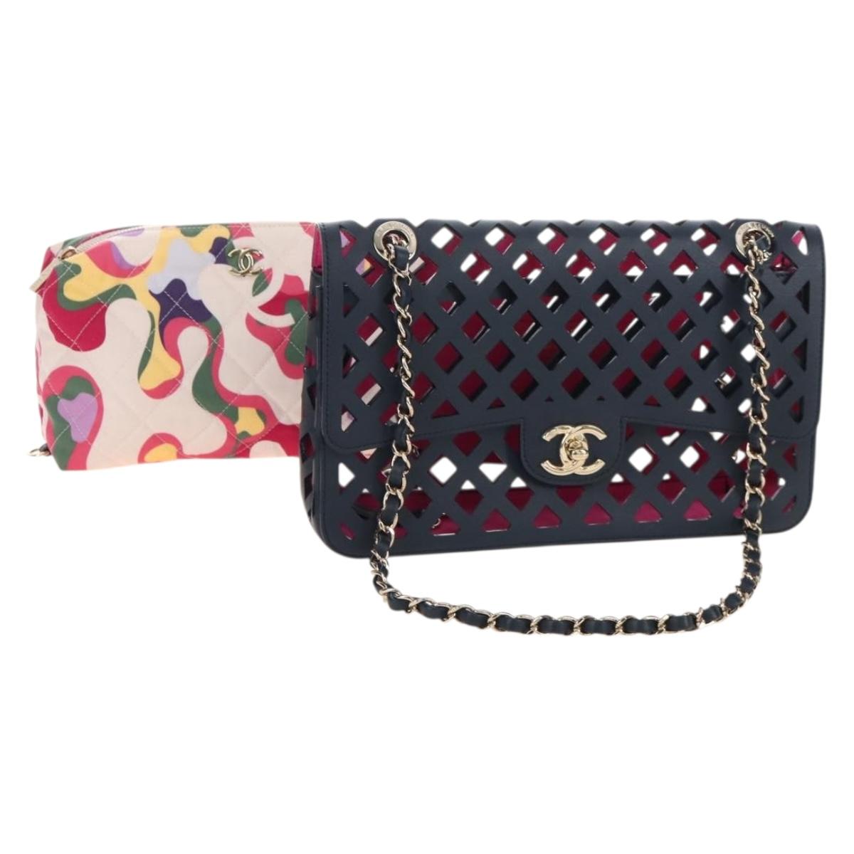 CHANEL Chain Matelasse25 Shoulder Bag Leather Navy Gold CC Auth 210170SM