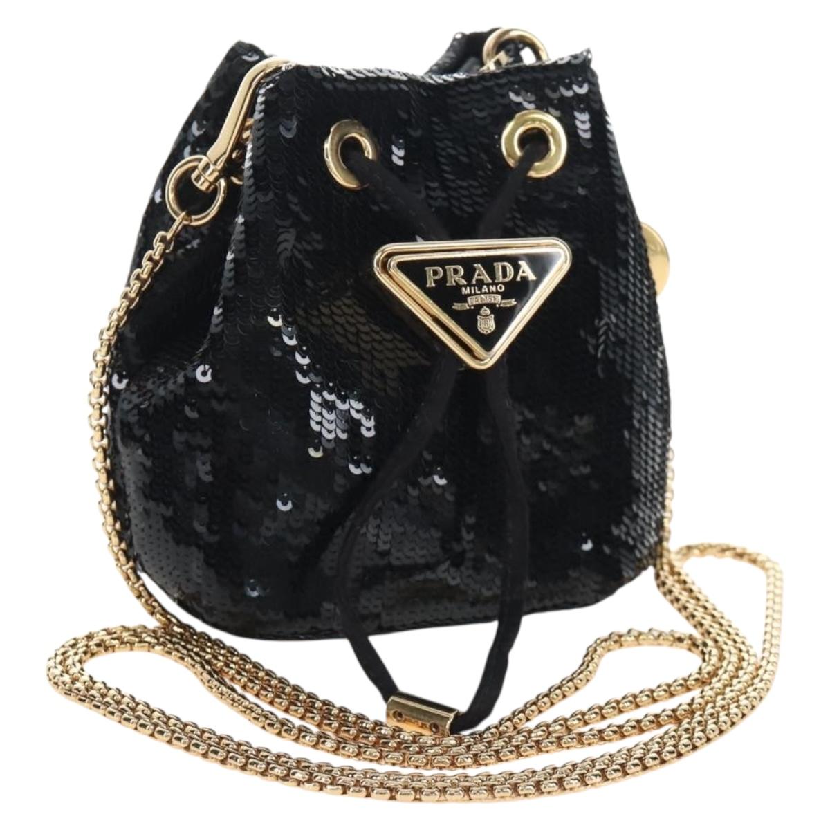 PRADA Chain Shoulder Pouch Sequin Black Gold Auth 210171M