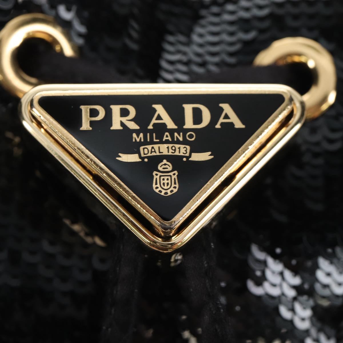 PRADA Chain Shoulder Pouch Sequin Black Gold Auth 210171M