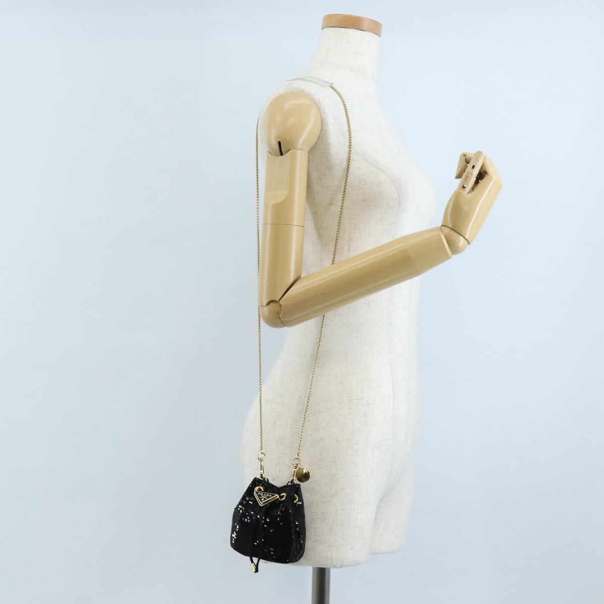 PRADA Chain Shoulder Pouch Sequin Black Gold Auth 210171M