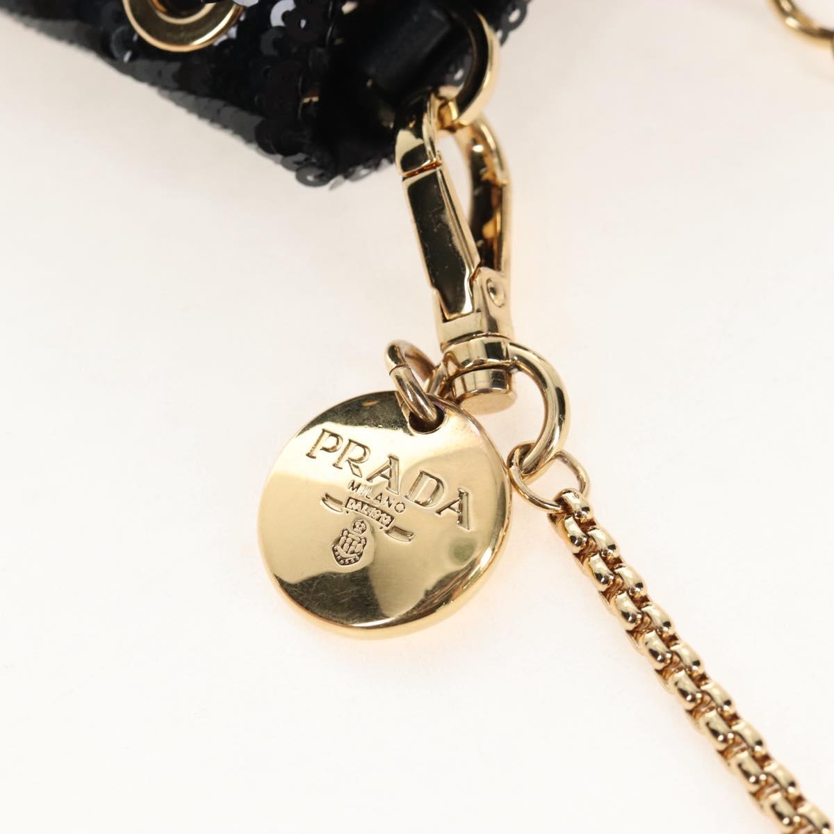 PRADA Chain Shoulder Pouch Sequin Black Gold Auth 210171M