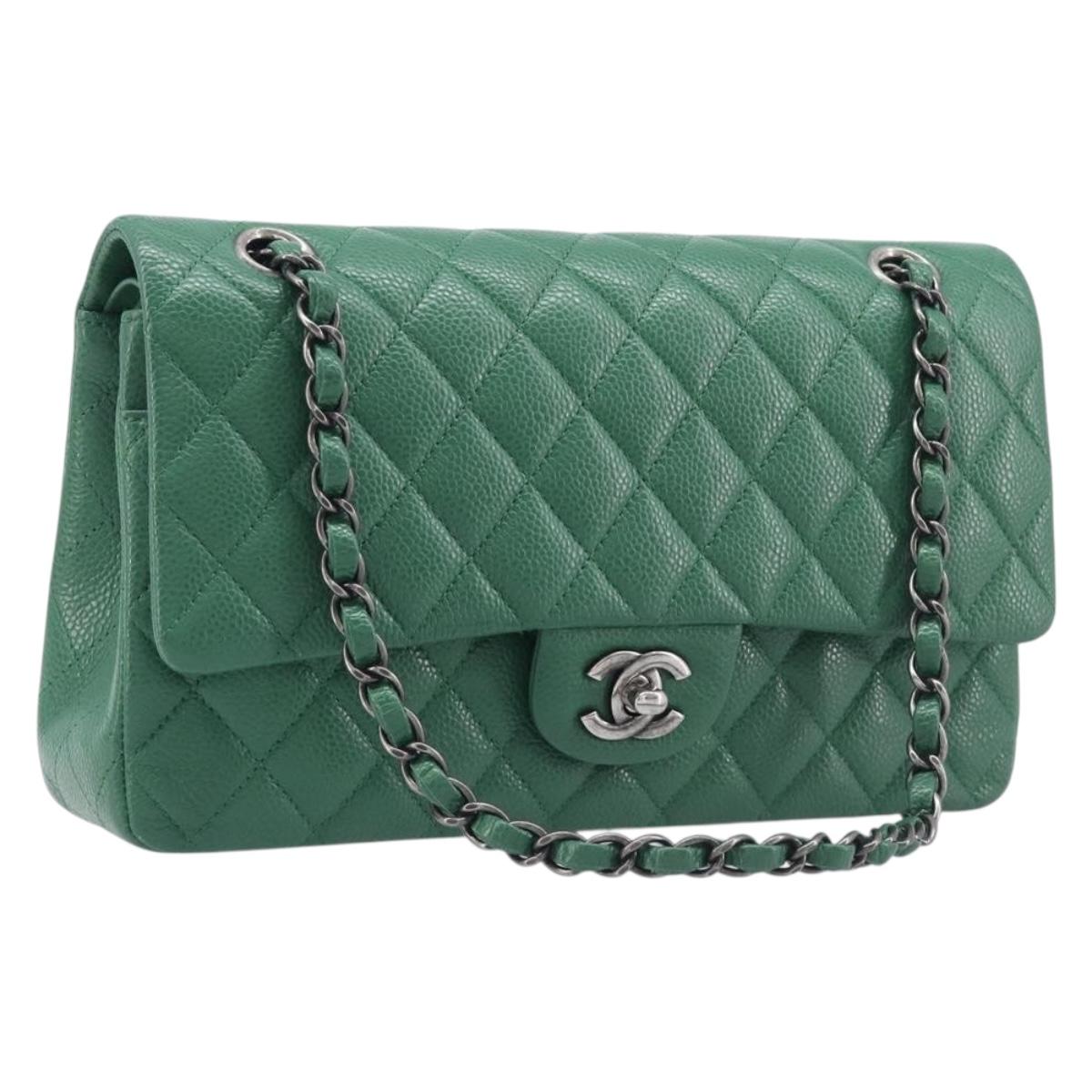 CHANEL Chain Matelasse25 Shoulder Bag Caviar Skin Green Silver CC Auth 210172SAM