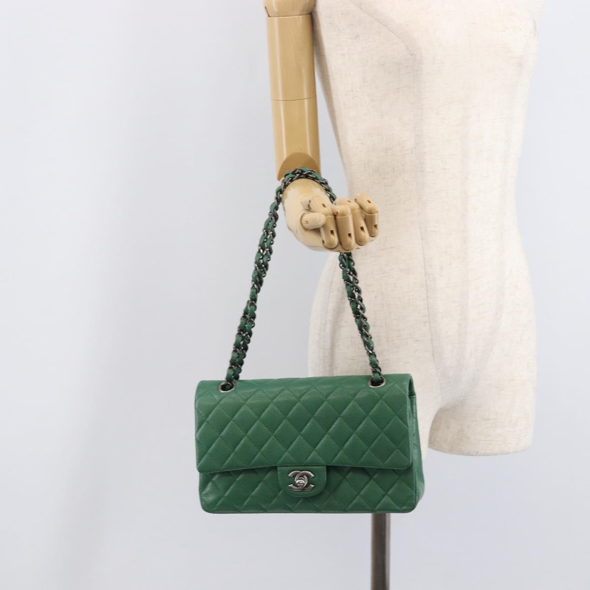 CHANEL Chain Matelasse25 Shoulder Bag Caviar Skin Green Silver CC Auth 210172SAM