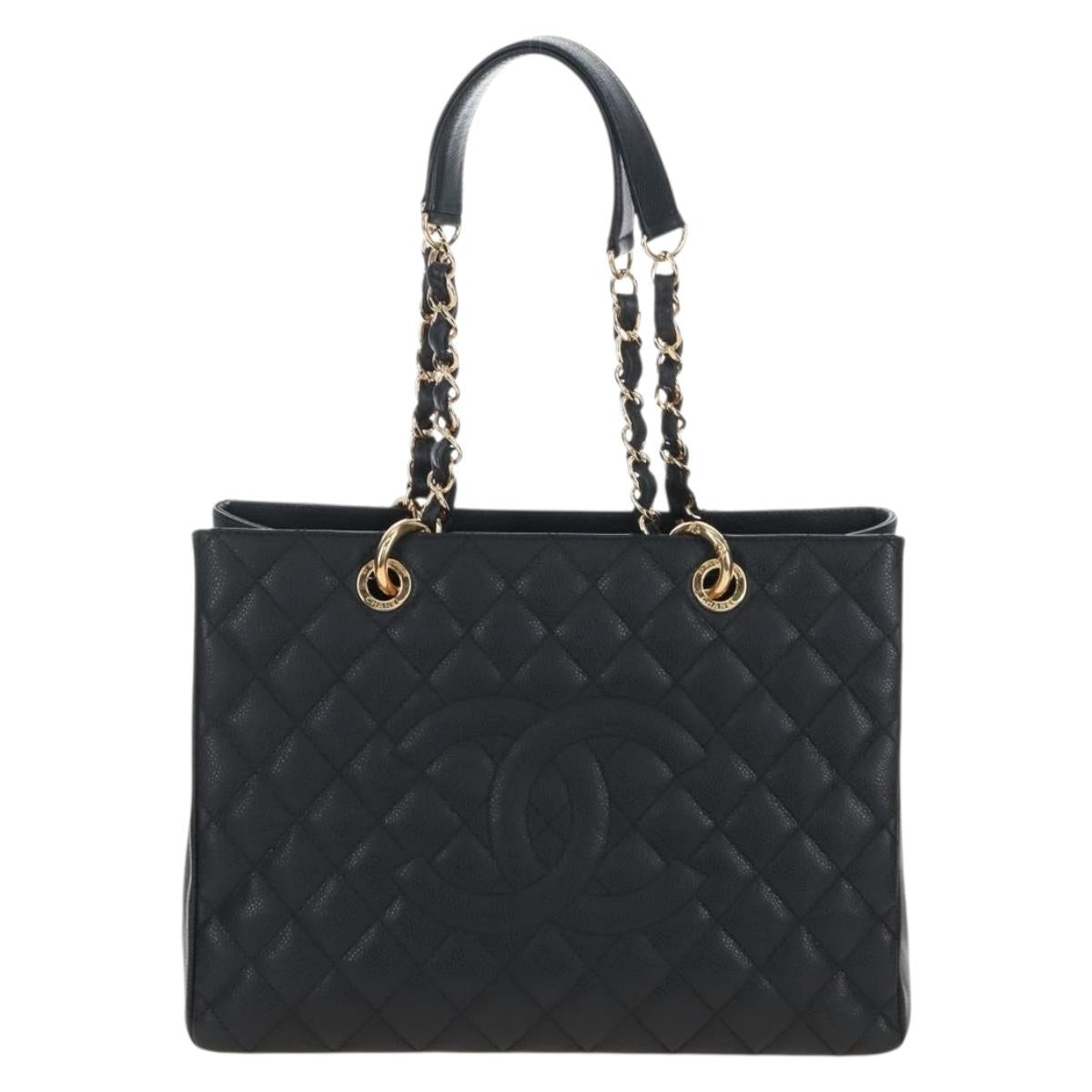 CHANEL GST Chain Shoulder Tote Bag Caviar Skin Black Gold CC Auth 210174SAM