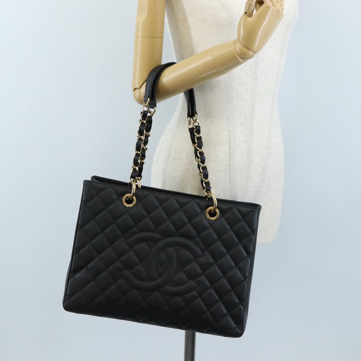 CHANEL GST Chain Shoulder Tote Bag Caviar Skin Black Gold CC Auth 210174SAM