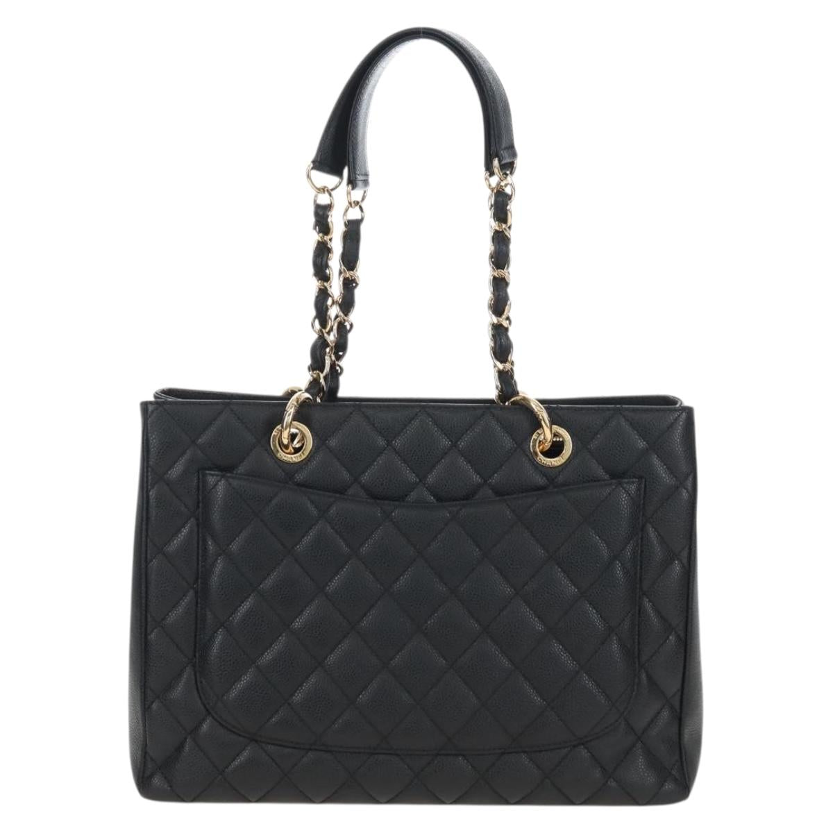 CHANEL GST Chain Shoulder Tote Bag Caviar Skin Black Gold CC Auth 210174SAM