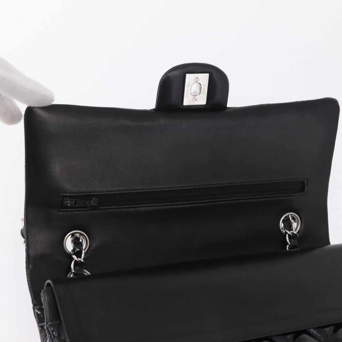 CHANEL Chain Matelasse25 Bag Patent Leather Black Silver CC Auth 210175SAM