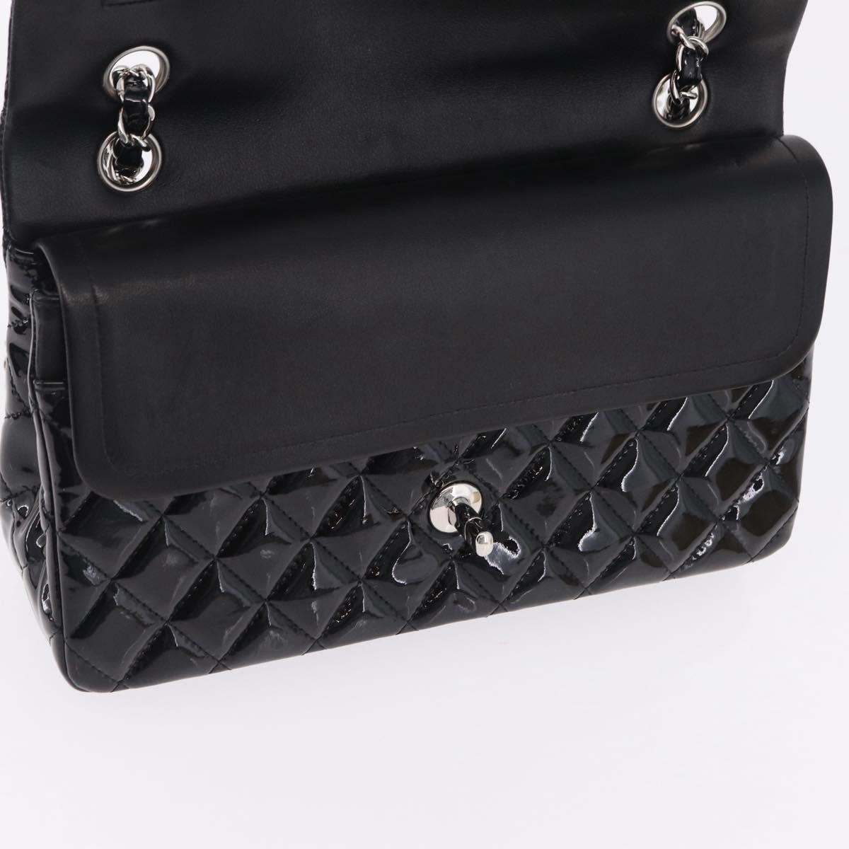 CHANEL Chain Matelasse25 Bag Patent Leather Black Silver CC Auth 210175SAM