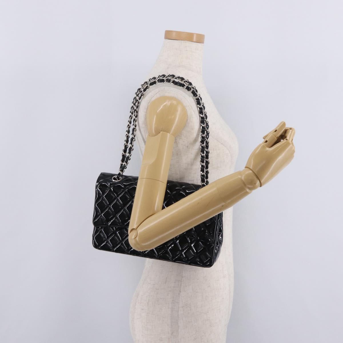 CHANEL Chain Matelasse25 Bag Patent Leather Black Silver CC Auth 210175SAM