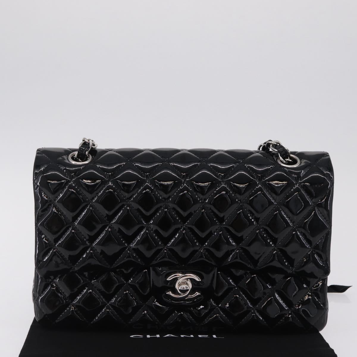 CHANEL Chain Matelasse25 Bag Patent Leather Black Silver CC Auth 210175SAM