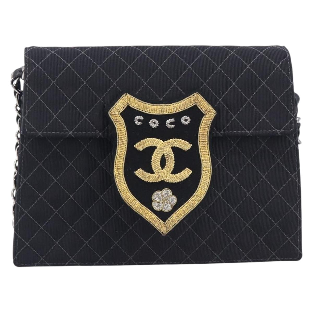 CHANEL Matelasse Chain Shoulder Bag Canvas Black Silver CC Auth 210182SAM