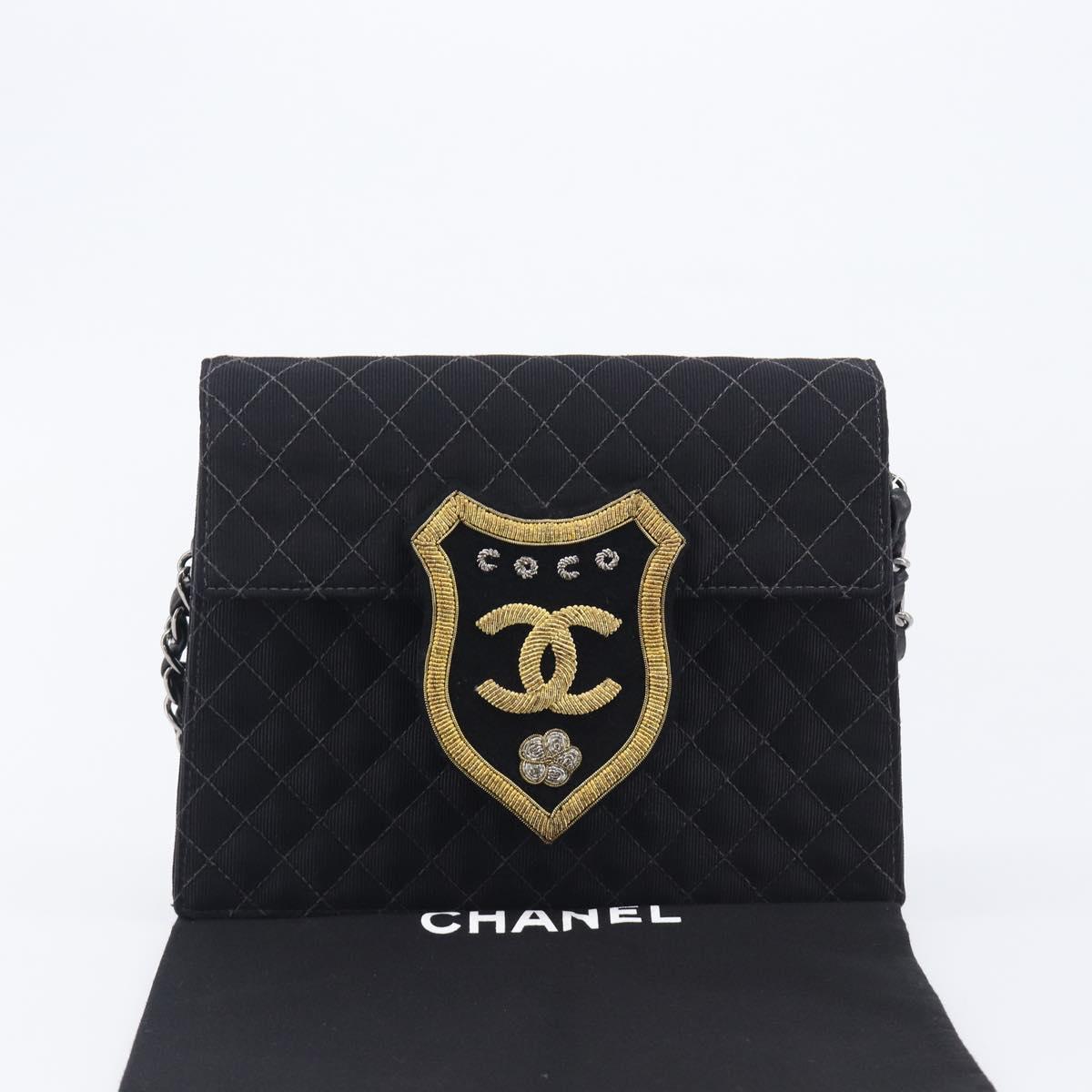 CHANEL Matelasse Chain Shoulder Bag Canvas Black Silver CC Auth 210182SAM