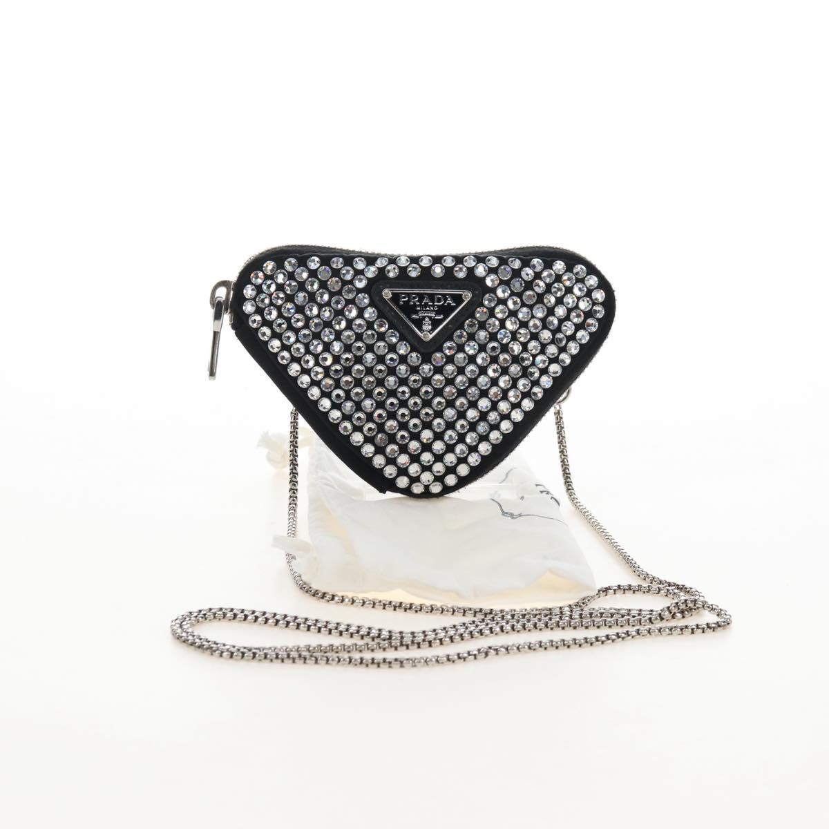 PRADA Triangle Chain Shoulder Pouch Satin Black Silver Auth 210184M