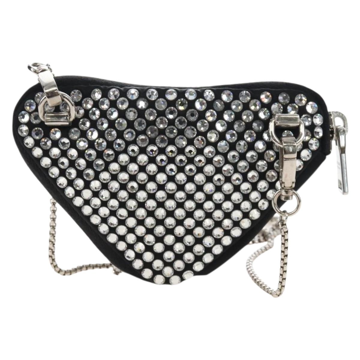 PRADA Triangle Chain Shoulder Pouch Satin Black Silver Auth 210184M