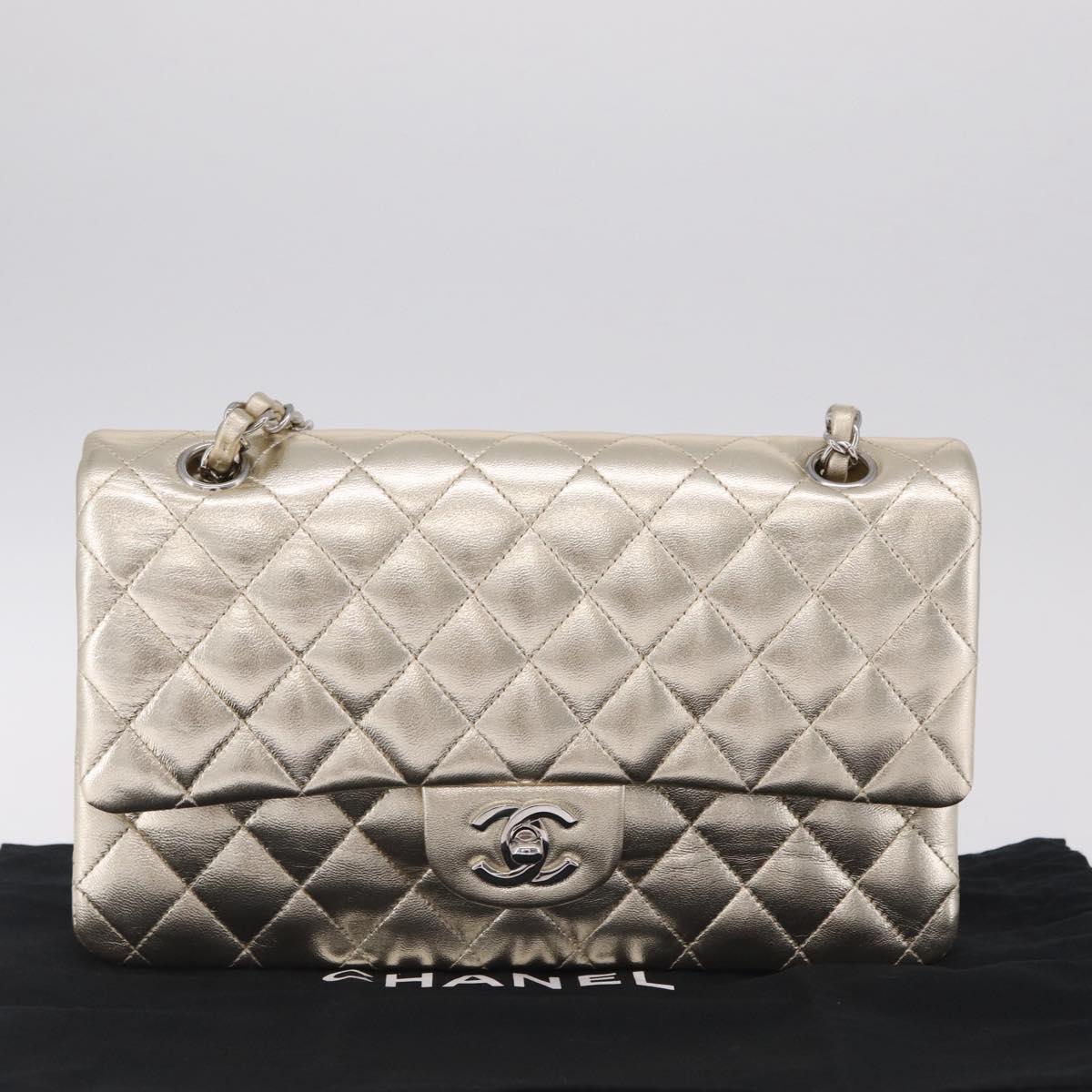 CHANEL Matelasse25 Chain Shoulder Bag Lamb Skin Mocha Gold CC Auth 210187SM