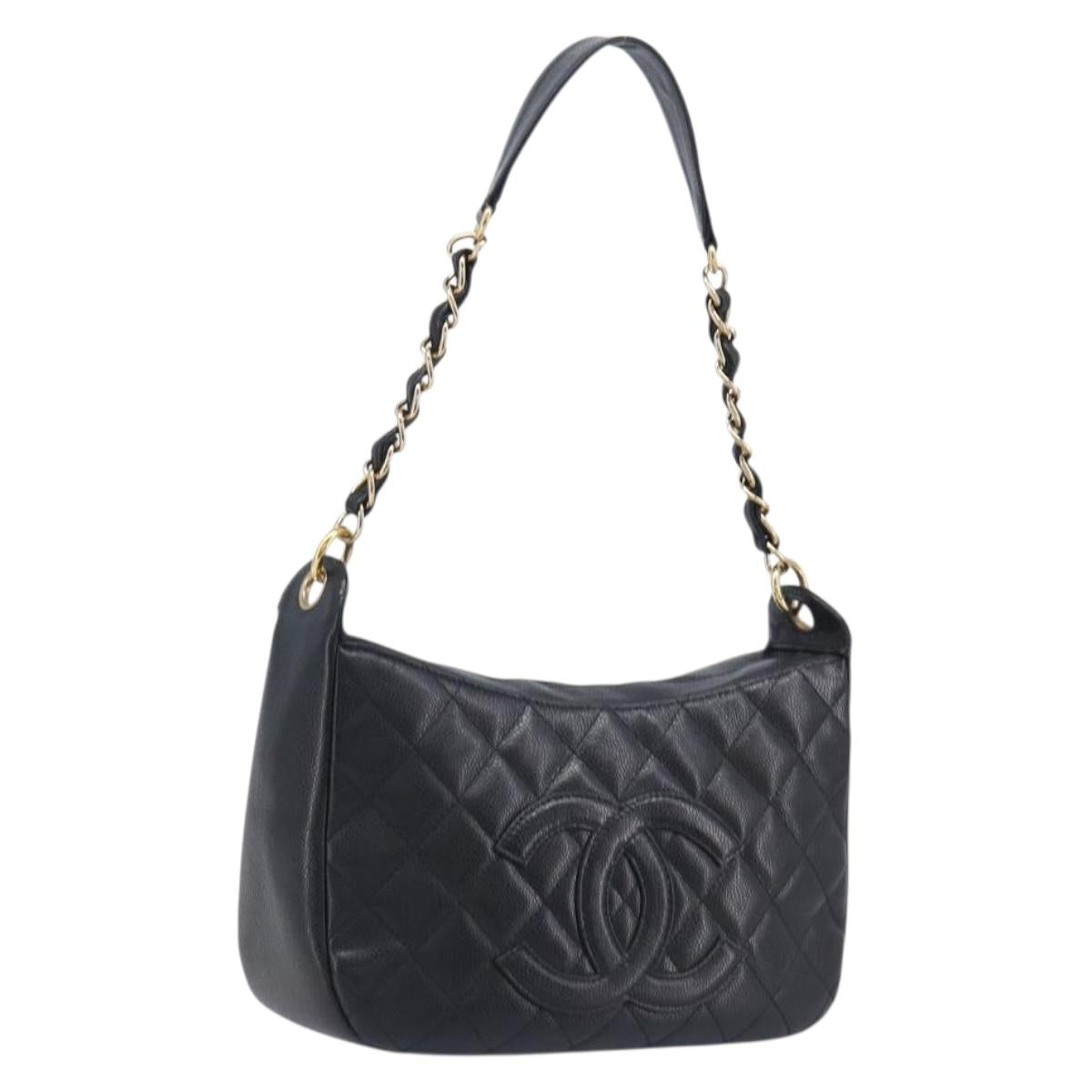 CHANEL Chain Matelasse Shoulder Bag Caviar Skin Black Gold CC Auth 210190SAM