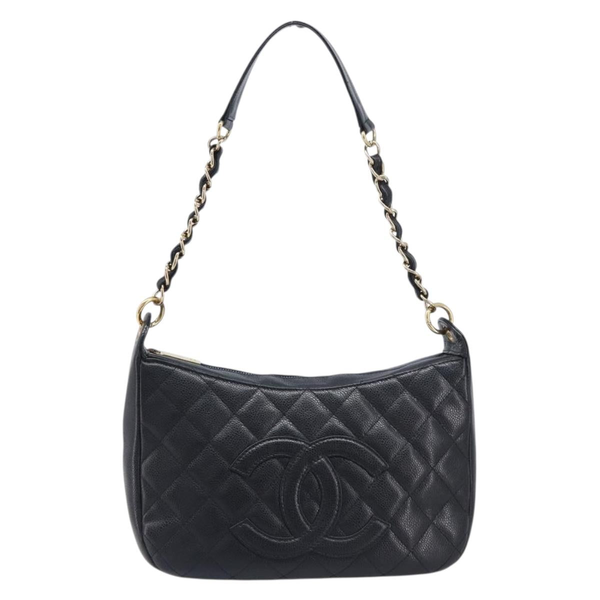 CHANEL Chain Matelasse Shoulder Bag Caviar Skin Black Gold CC Auth 210190SAM