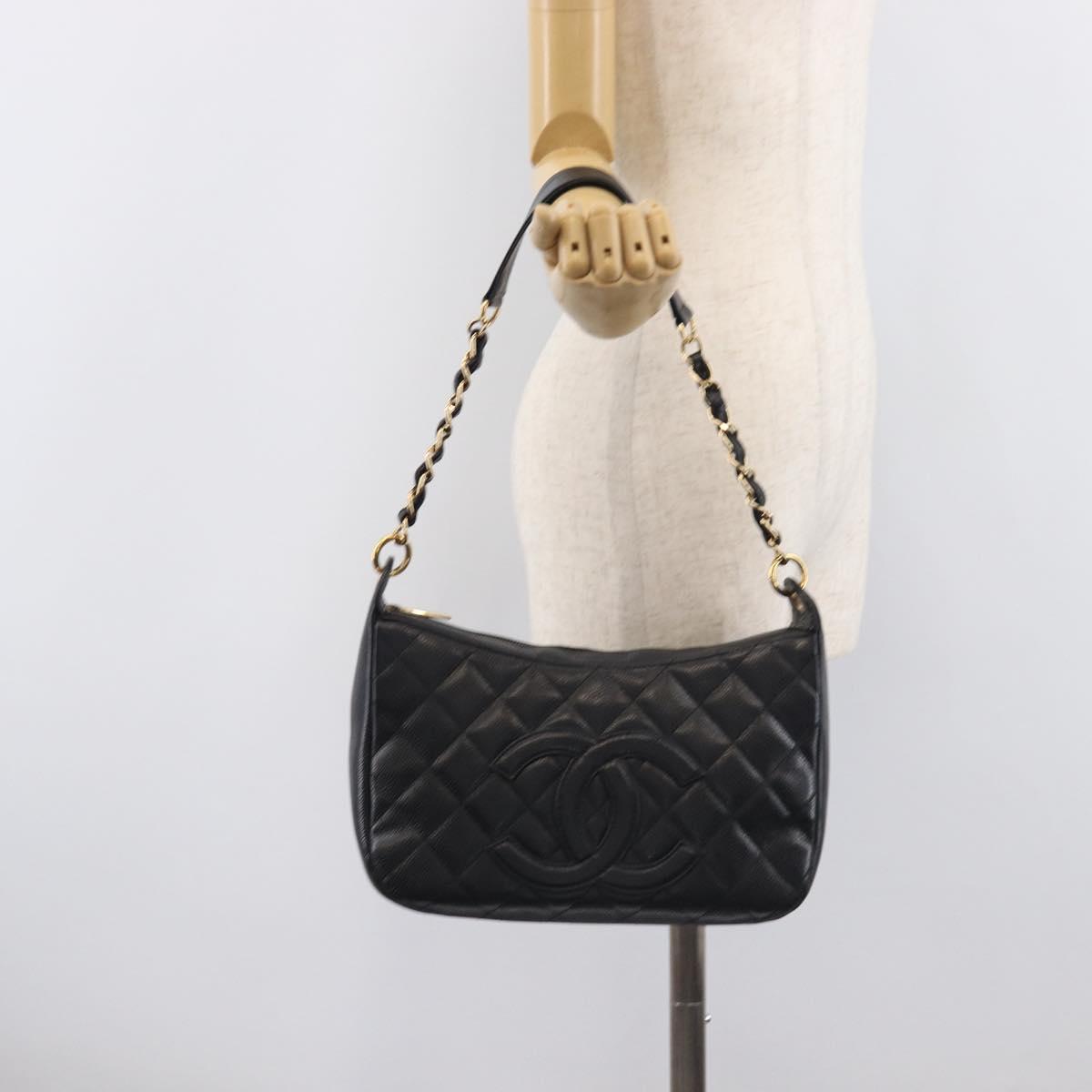 CHANEL Chain Matelasse Shoulder Bag Caviar Skin Black Gold CC Auth 210190SAM