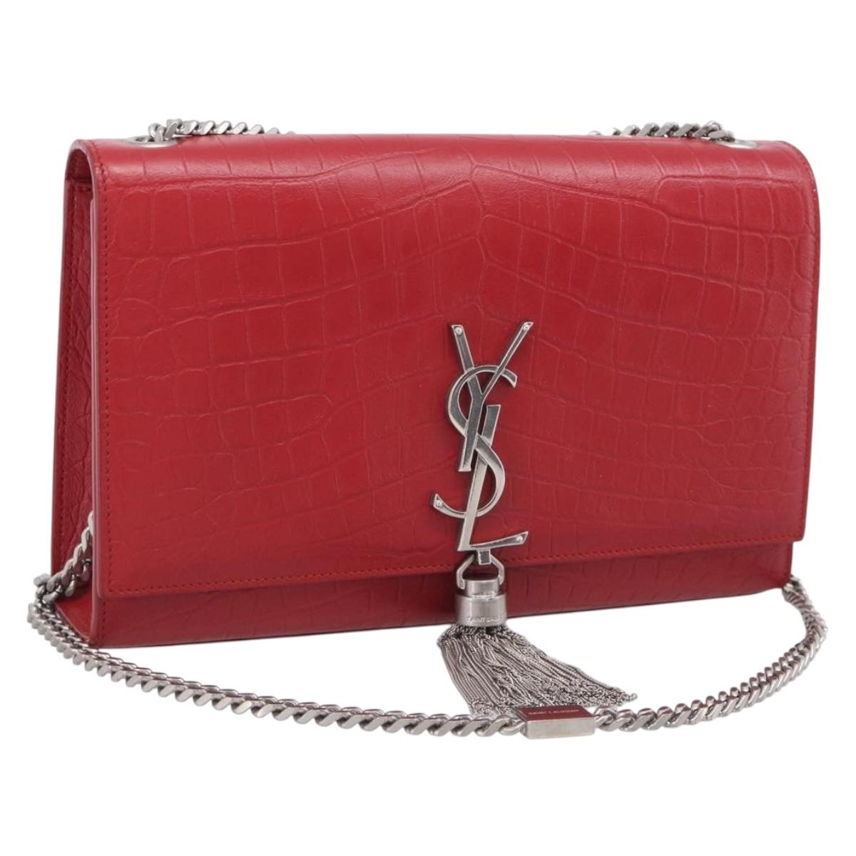 Saint Laurent Kate Chain Shoulder Bag Leather Red Silver Auth 210195M