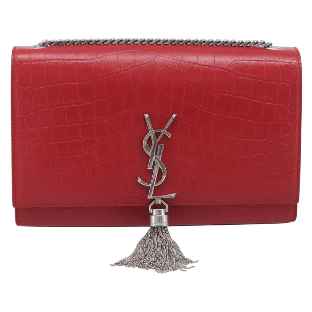 Saint Laurent Kate Chain Shoulder Bag Leather Red Silver Auth 210195M