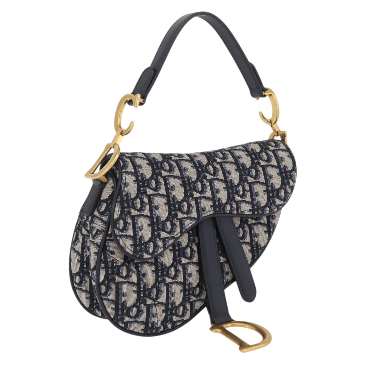 Christian Dior Trotter Canvas Saddle Shoulder Bag Navy Gold Auth 210196M