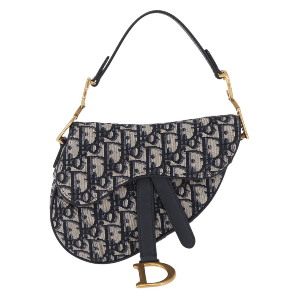 Christian Dior Trotter Canvas Saddle Shoulder Bag Navy Gold Auth 210196M
