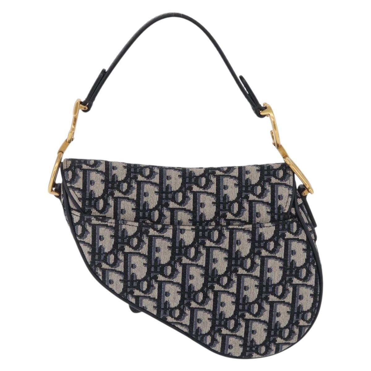 Christian Dior Trotter Canvas Saddle Shoulder Bag Navy Gold Auth 210196M