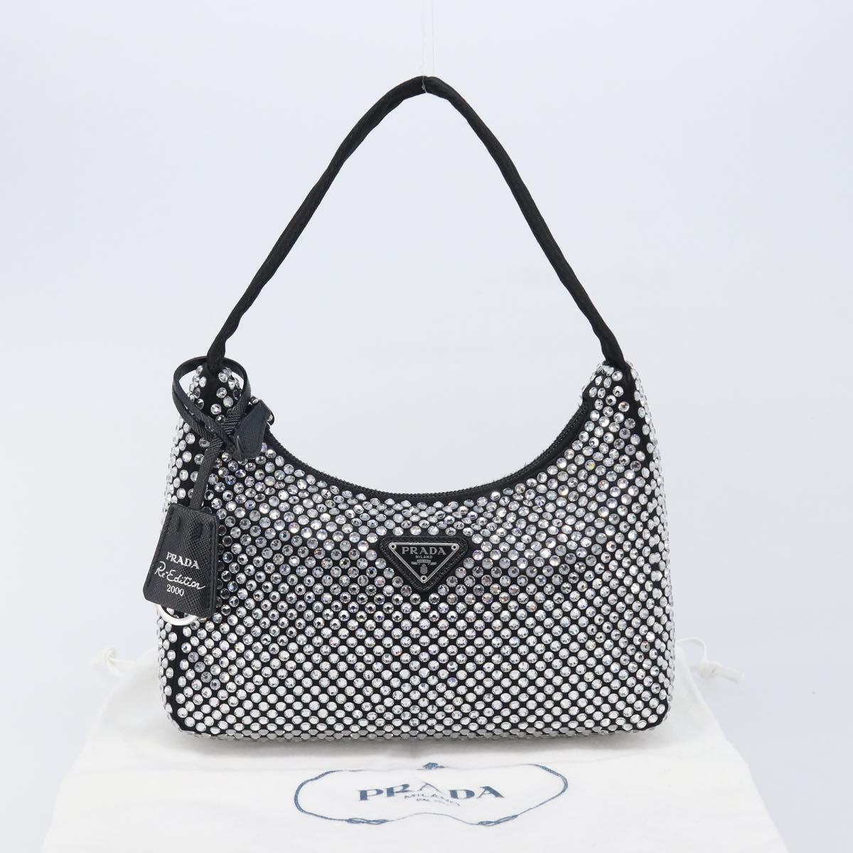 PRADA Hand Pouch Satin Black Silver Auth 210197SAM