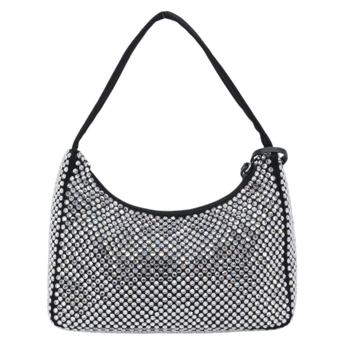 PRADA Hand Pouch Satin Black Silver Auth 210197SAM