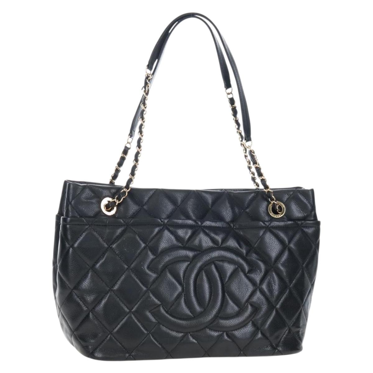 CHANEL Matelasse Chain Shoulder Tote Bag Caviar Skin Black Gold CC Auth 210201M