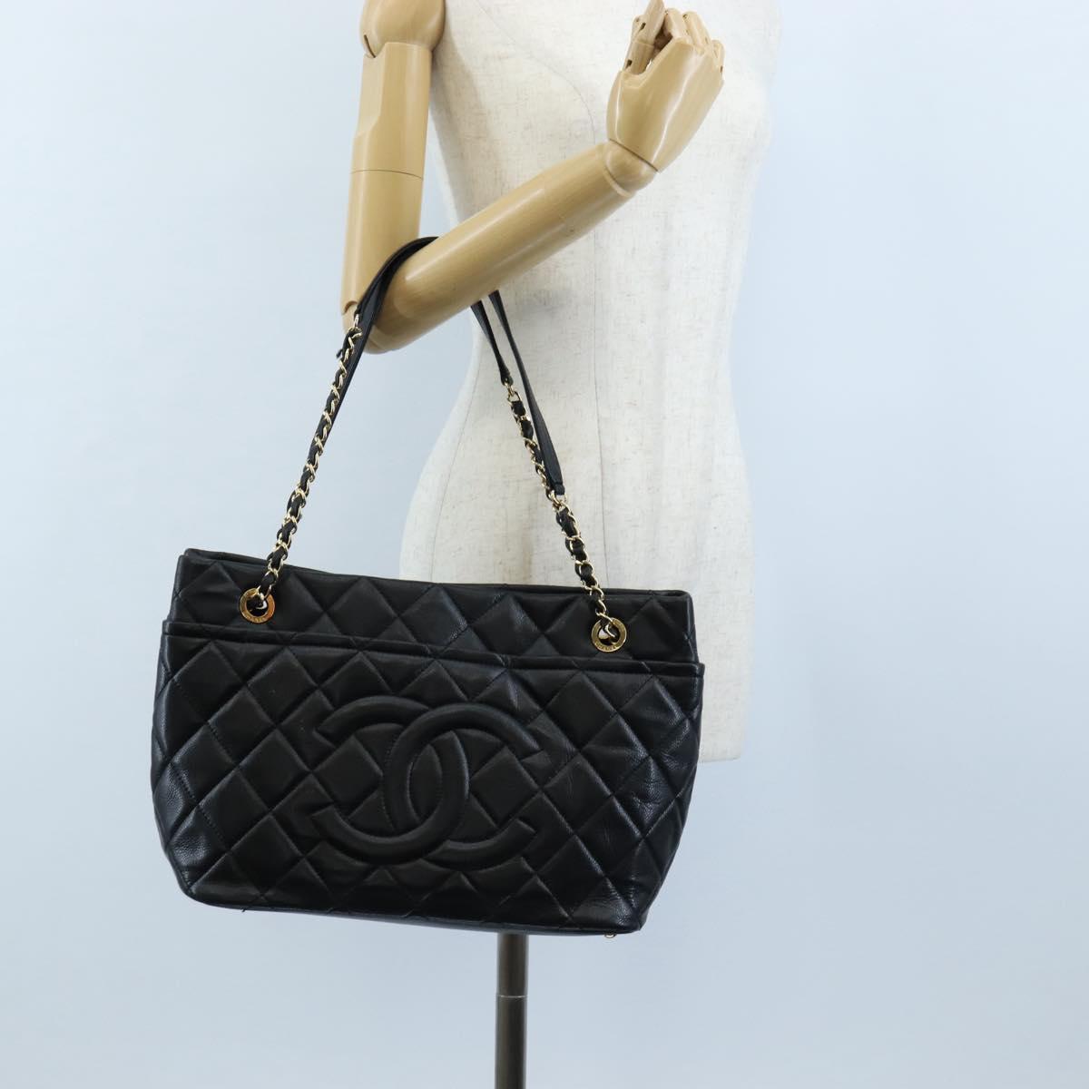 CHANEL Matelasse Chain Shoulder Tote Bag Caviar Skin Black Gold CC Auth 210201M