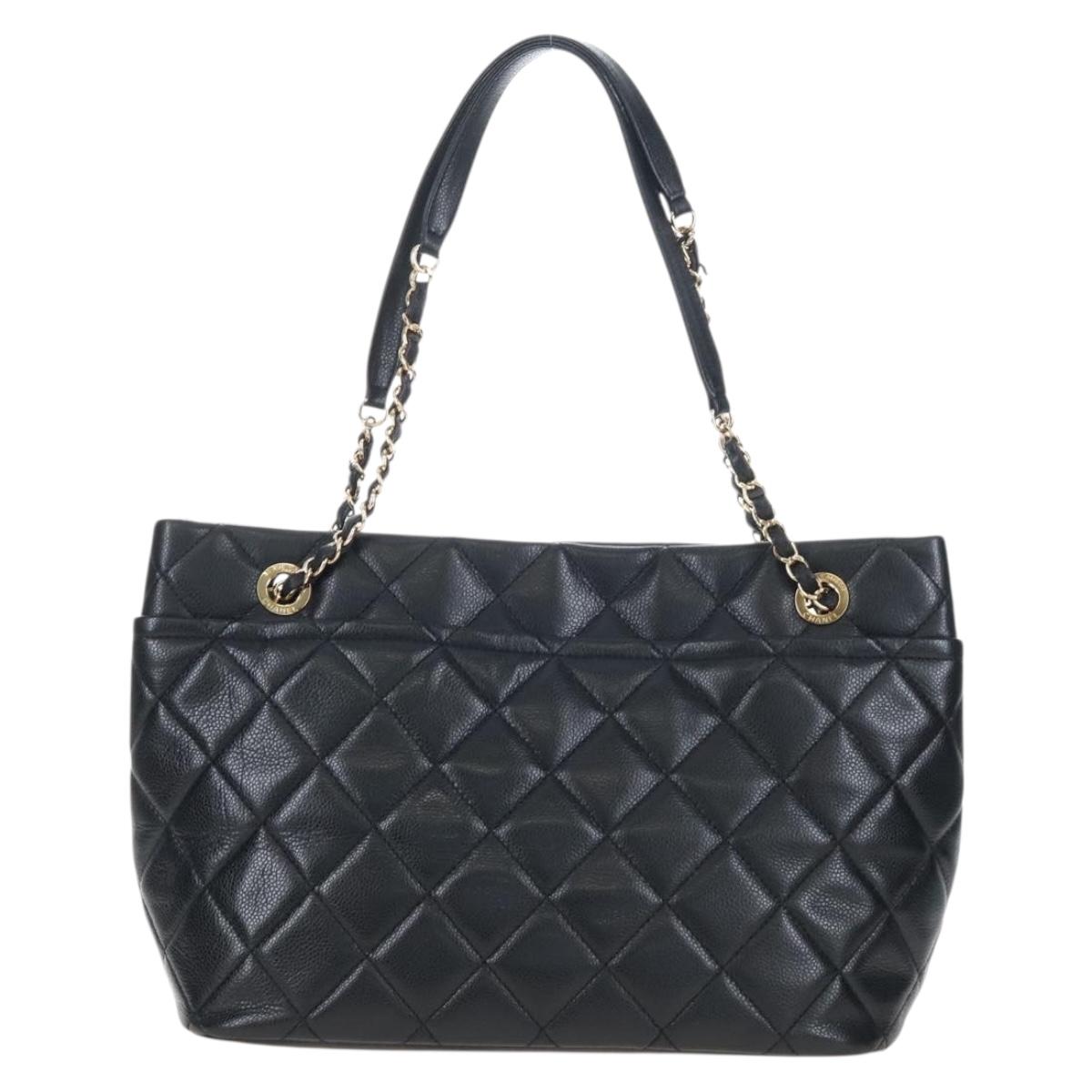 CHANEL Matelasse Chain Shoulder Tote Bag Caviar Skin Black Gold CC Auth 210201M