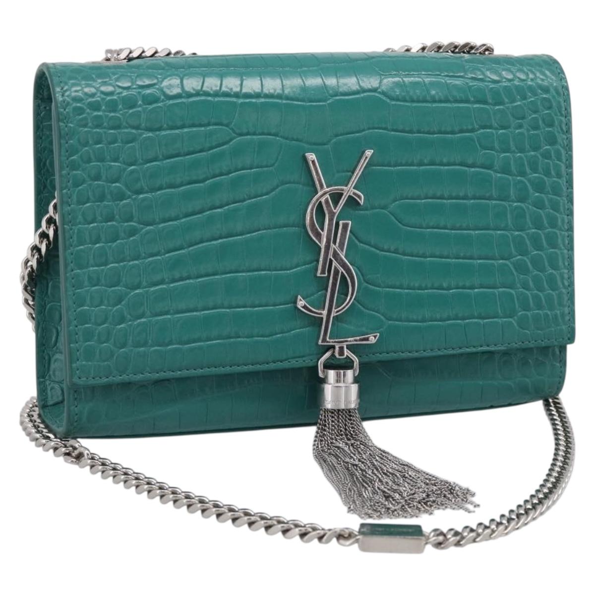 Saint Laurent Kate Chain Bag Leather Croco-Embossed Green Silver Auth 210206M