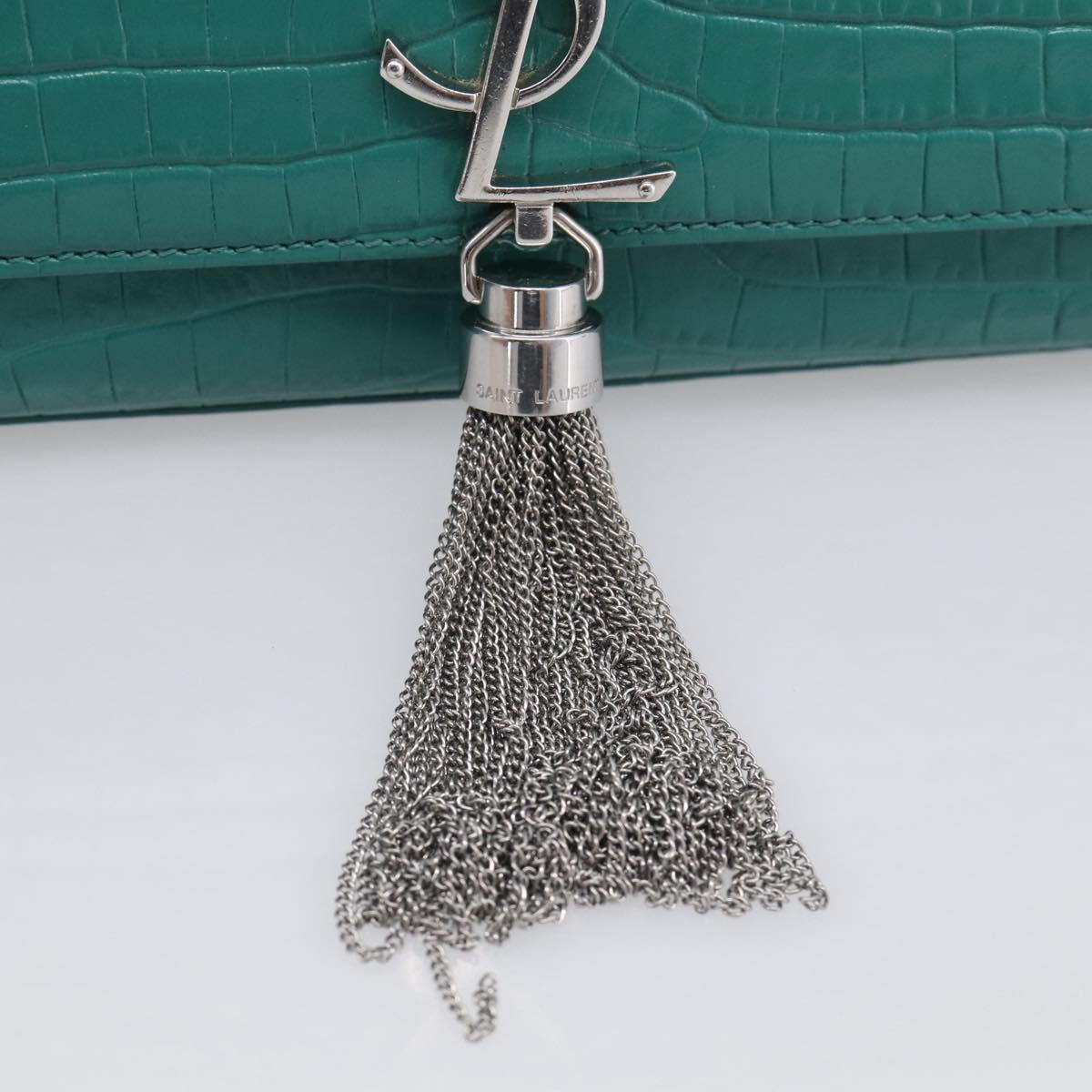 Saint Laurent Kate Chain Bag Leather Croco-Embossed Green Silver Auth 210206M