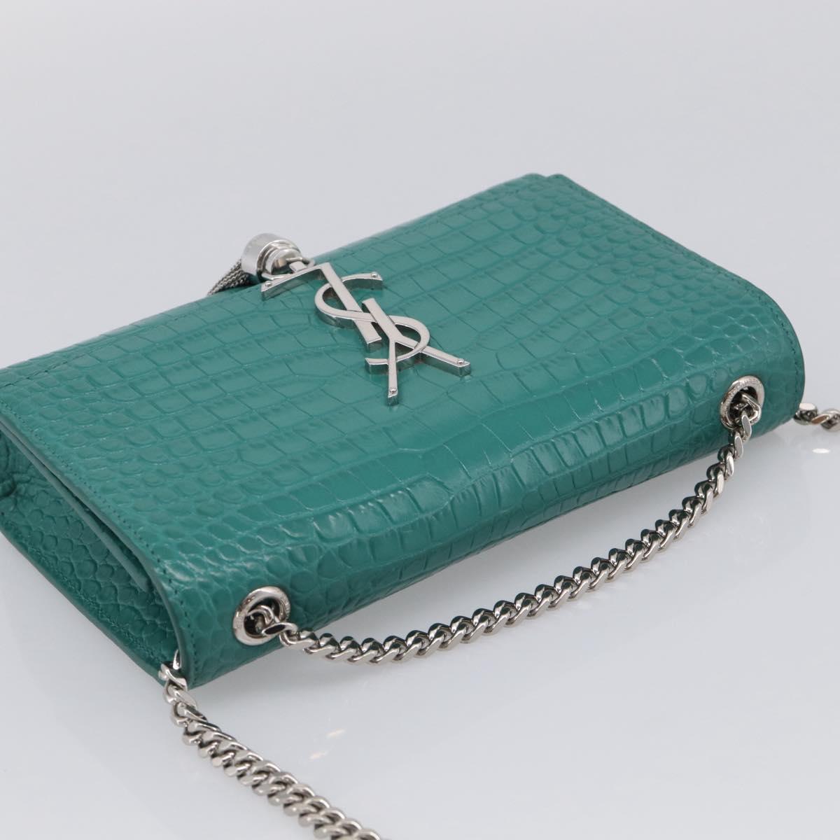 Saint Laurent Kate Chain Bag Leather Croco-Embossed Green Silver Auth 210206M