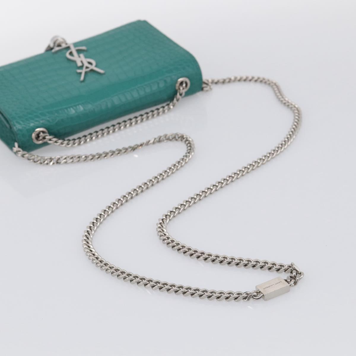 Saint Laurent Kate Chain Bag Leather Croco-Embossed Green Silver Auth 210206M