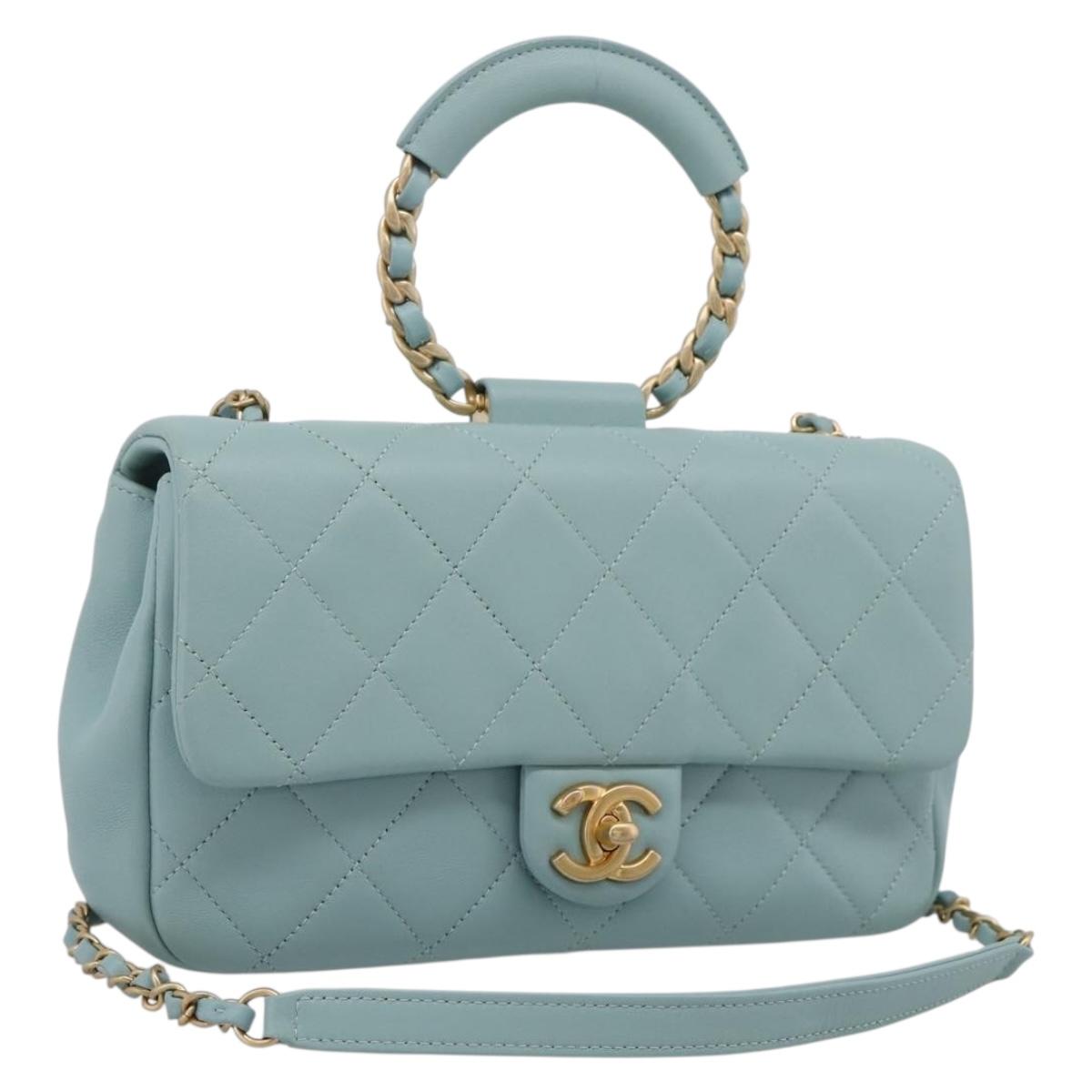 CHANEL Matelasse Chain Bag Lamb Skin 2way Light Blue Gold CC Auth 210207SAM