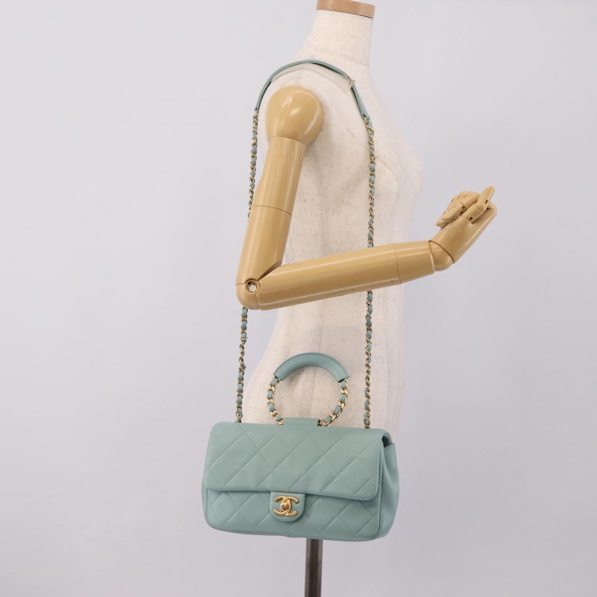 CHANEL Matelasse Chain Bag Lamb Skin 2way Light Blue Gold CC Auth 210207SAM